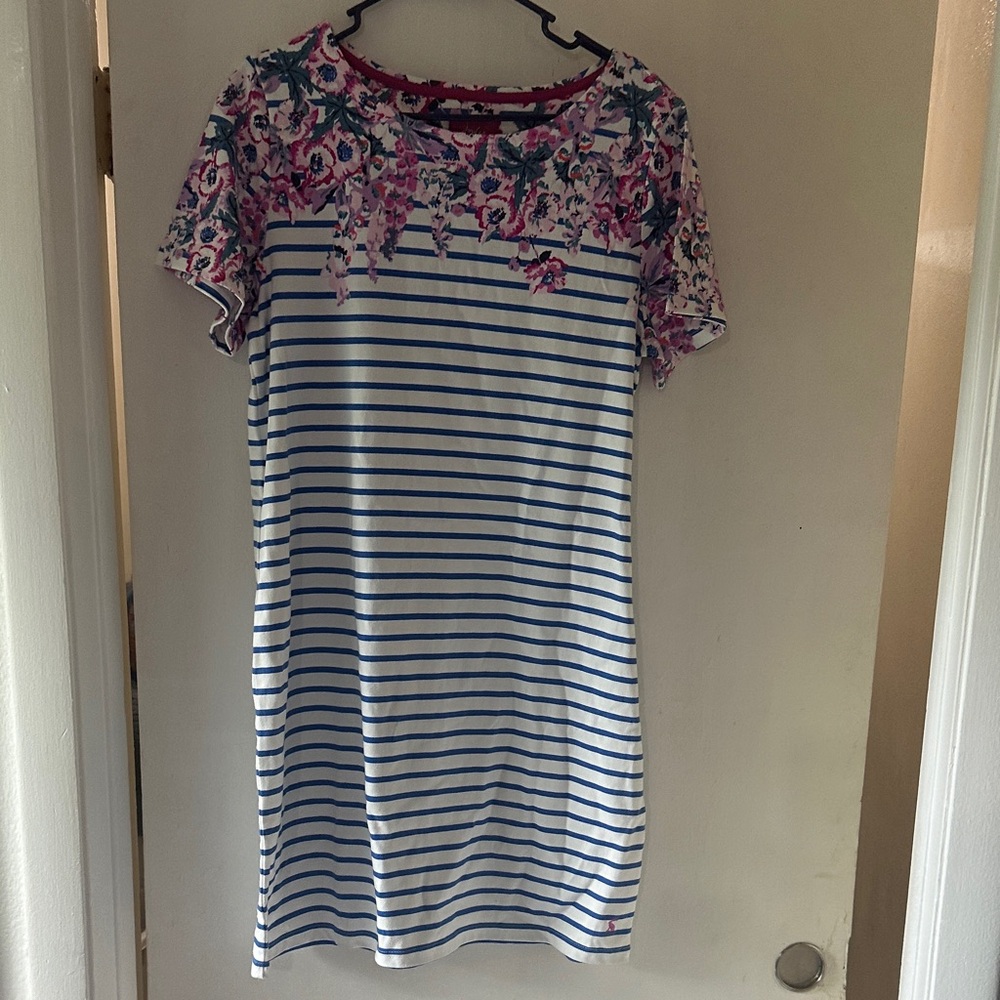 Joules Blue and Pink Floral Striped Mini Dress - Picture 2 of 6